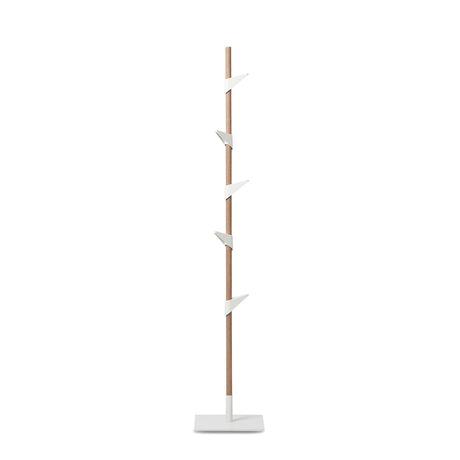 Bamboo Single Pole Coat Stand with White Hooks