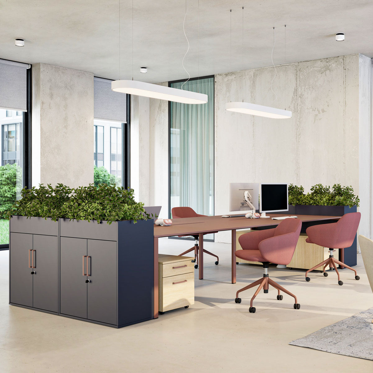 Solus Double Bench Desk with desk end storage planters